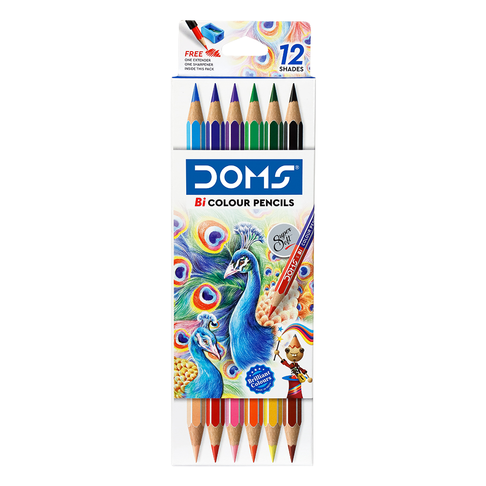 DOMS BICOLOUR PENCILS PACK 6 12 COLOURS WITH BONUS SHARPENER