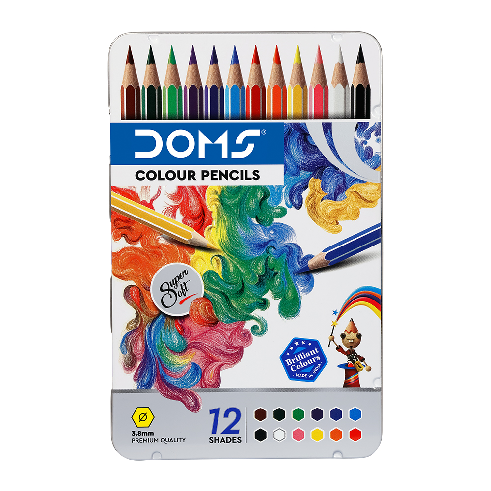 DOMS SUPERSOFT COLOURED PENCILS  FLAT TIN BOX 12 COLOURS