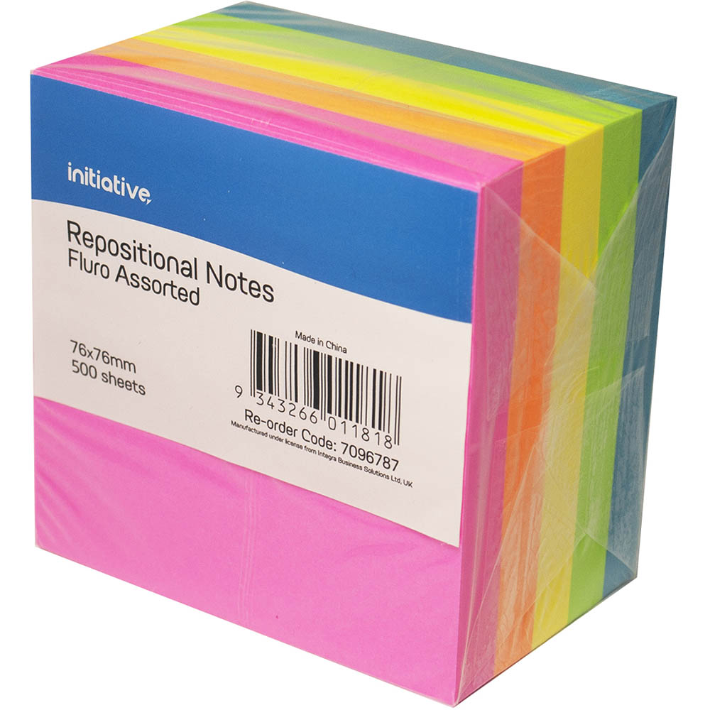 INITIATIVE REPOSITIONAL NOTES CUBE 76 X 76MM FLURO ASSORTED 500 SHEETS