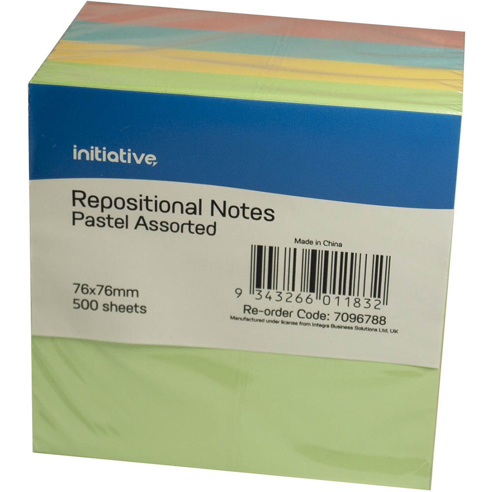 INITIATIVE REPOSITIONAL NOTES CUBE 76 X 76MM PASTEL ASSORTED 500 SHEETS