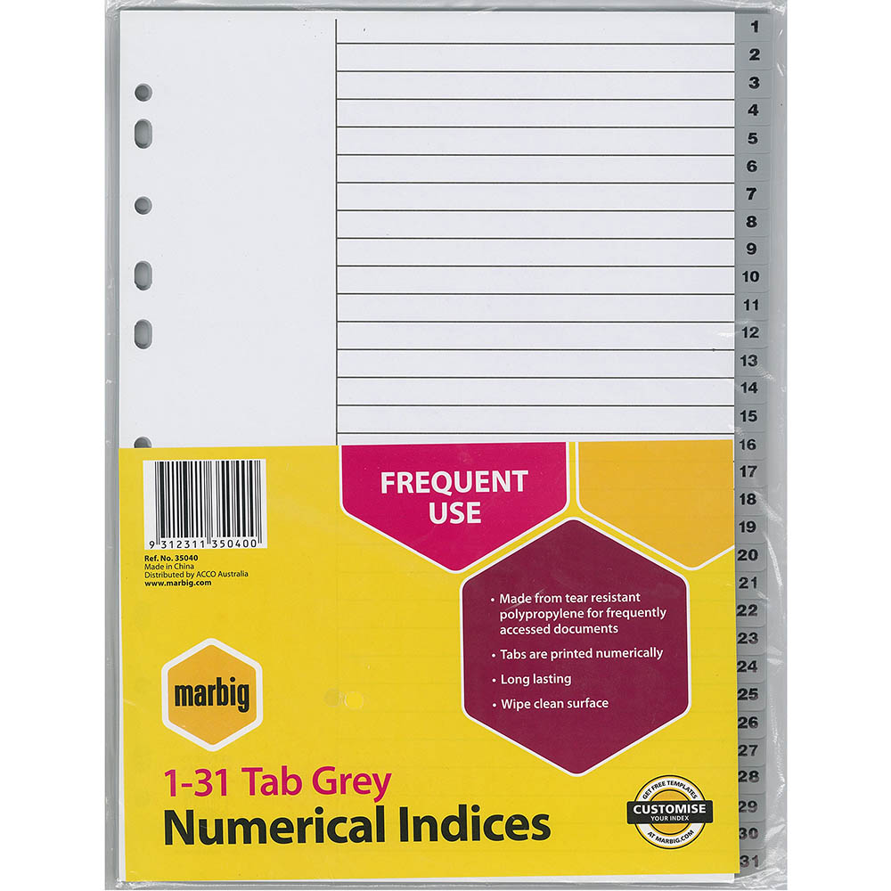 MARBIG INDEX DIVIDER PP 131 TAB A4 GREY