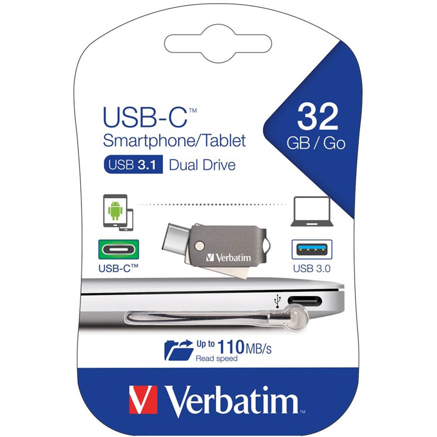 VERBATIM USBC SMARTPHONE TABLET DUAL FLASH DRIVE USB 32GB GREY