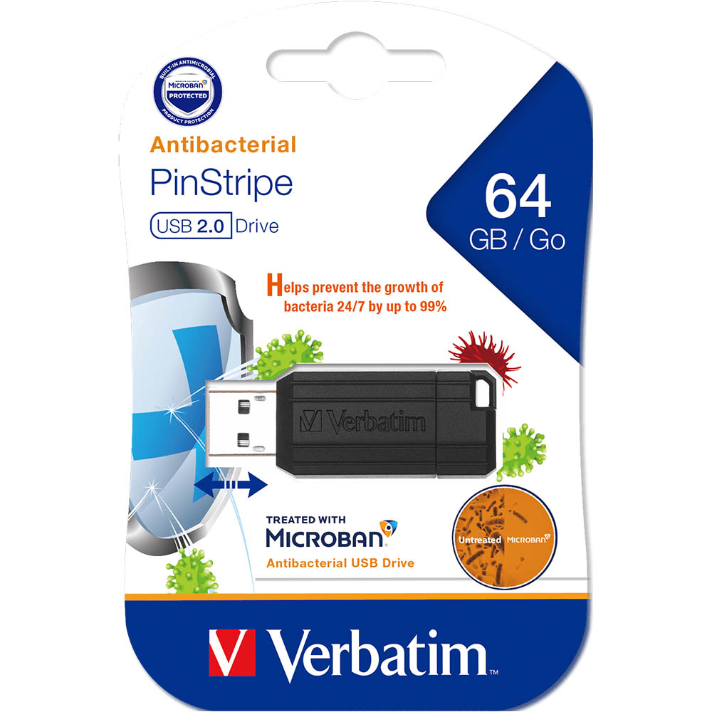 VERBATIM MICROBAN STORENGO PINSTRIPE USB FLASH DRIVE 20 64GB BLACK