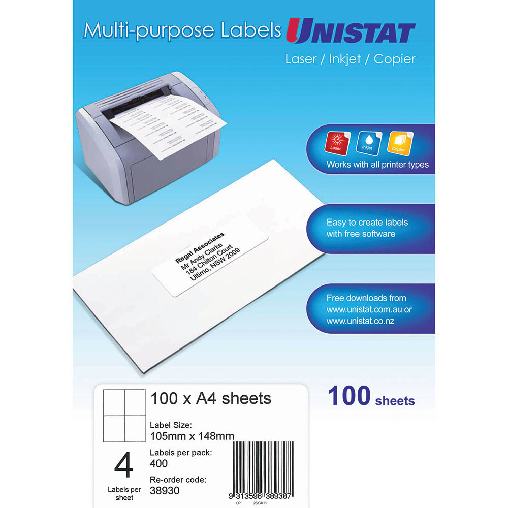 UNISTAT 38930 MULTIPURPOSE LABEL 4UP 105 X 148MM WHITE PACK 100