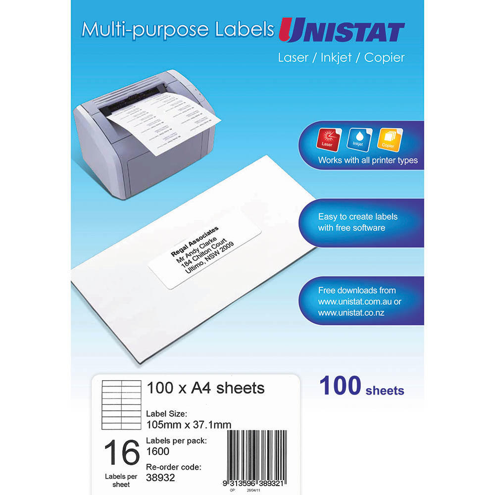 UNISTAT 38932 MULTIPURPOSE LABEL 16UP 105 X 37MM WHITE PACK 100
