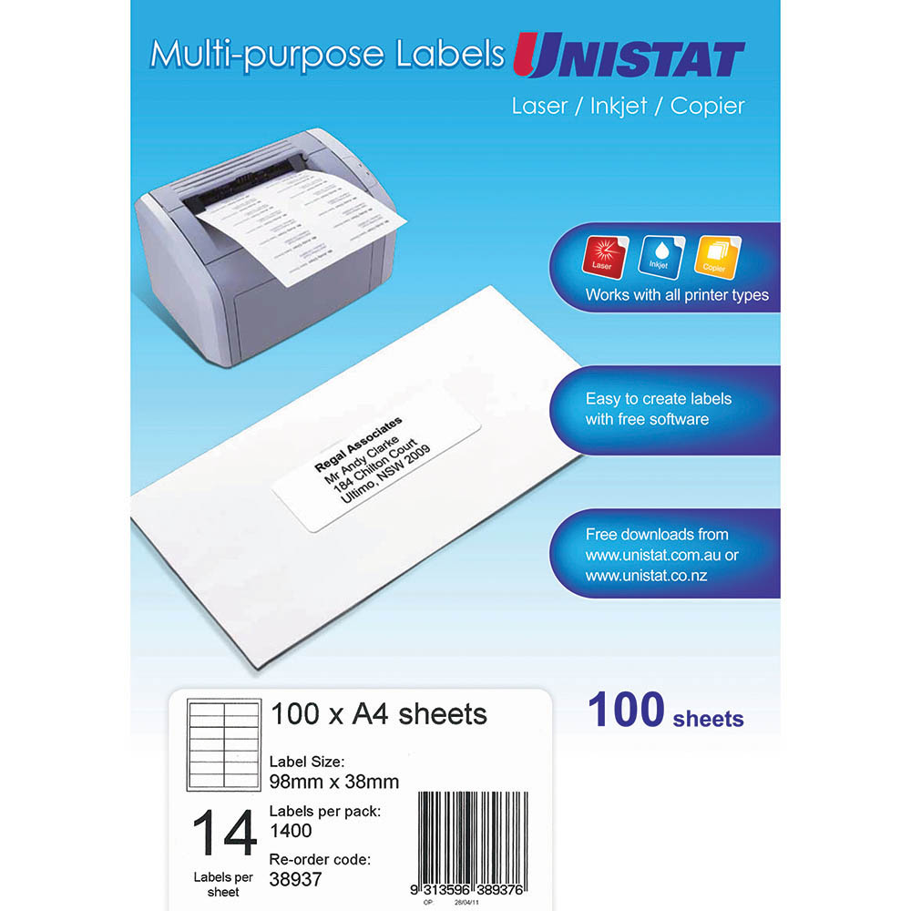 UNISTAT 38937 MULTIPURPOSE LABEL 14UP 98 X 38MM WHITE PACK 100