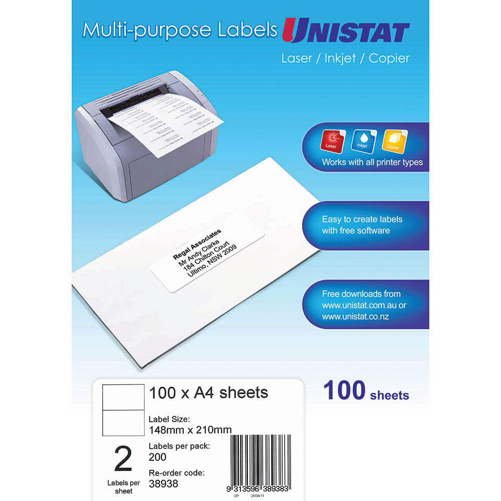 UNISTAT 38938 MULTIPURPOSE LABEL 2UP 148 X 210MM WHITE PACK 100