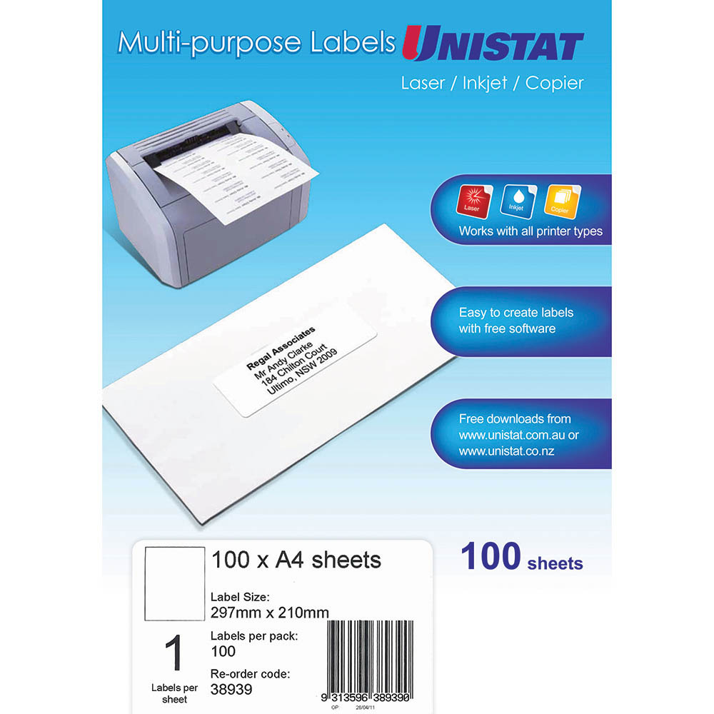 UNISTAT 38939 MULTIPURPOSE LABEL 1UP 297 X 210MM WHITE PACK 100