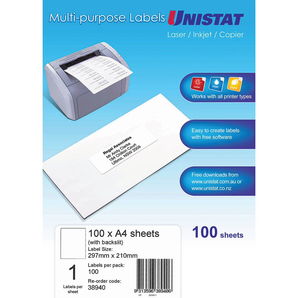 UNISTAT 38940 MULTIPURPOSE LABEL 1UP 297 X 210MM WHITE PACK 100