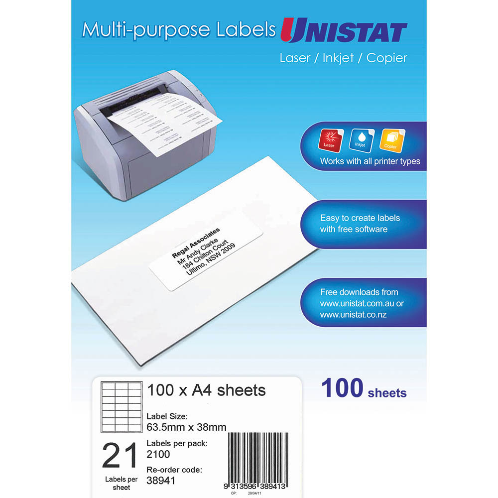UNISTAT 38941 MULTIPURPOSE LABEL 21UP 635 X 38MM WHITE PACK 100