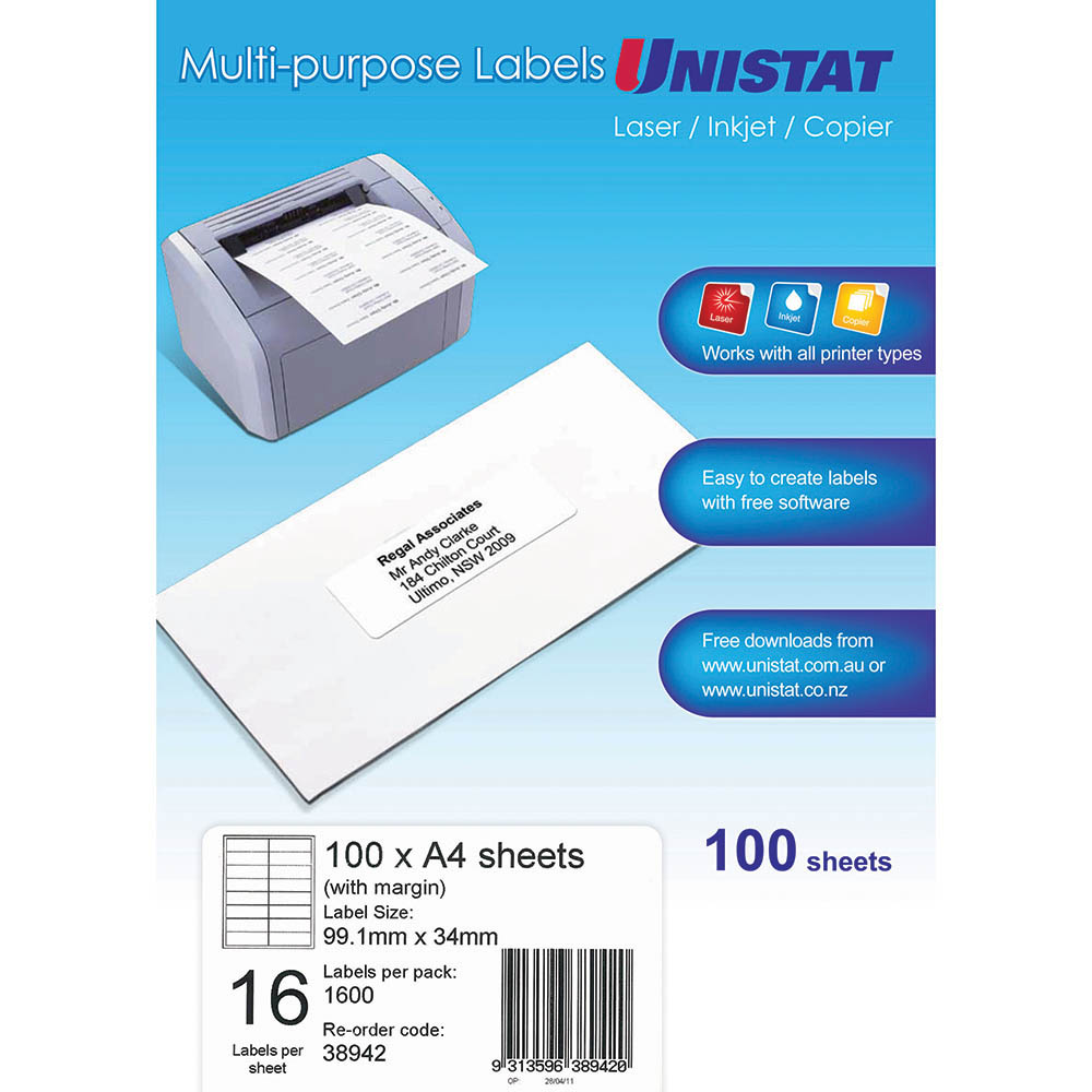 UNISTAT 38942 MULTIPURPOSE LABEL 16UP 99 X 34MM WHITE PACK 100