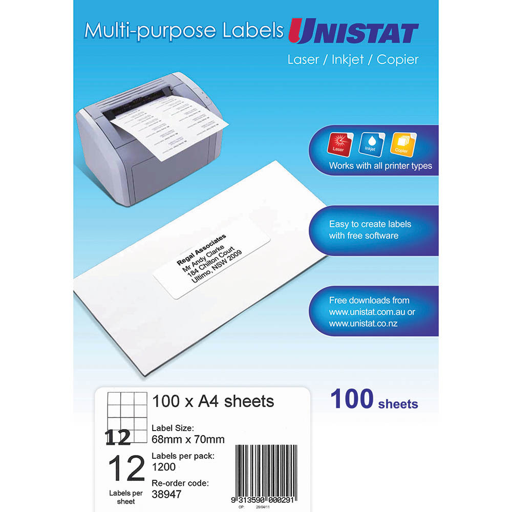UNISTAT 38947 MULTIPURPOSE LABEL 12UP 68 X 70MM WHITE PACK 100