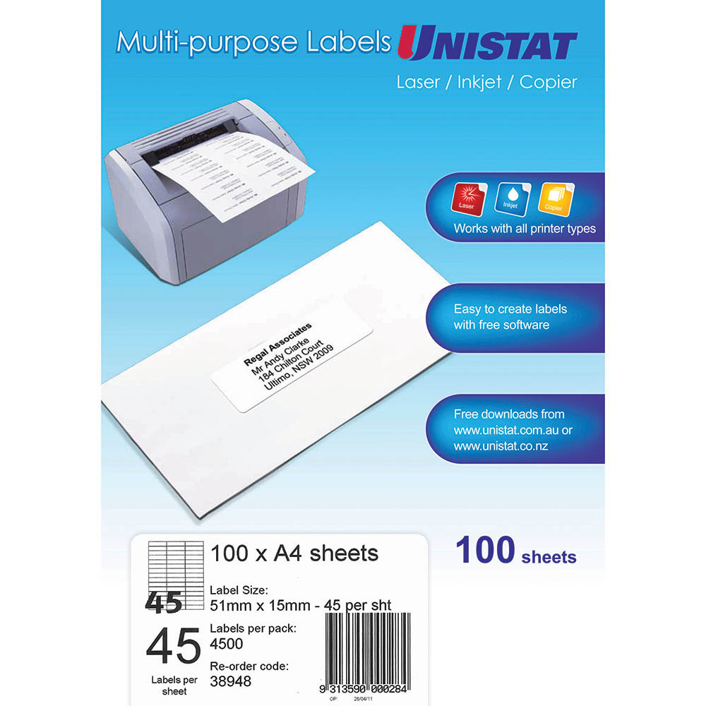UNISTAT 38948 MULTIPURPOSE LABEL 45UP 51 X 15MM WHITE PACK 100