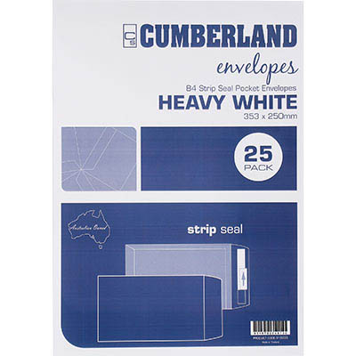 CUMBERLAND B4 ENVELOPES POCKET PLAINFACE STRIP SEAL 100GSM 353 X 250MM WHITE PACK 25