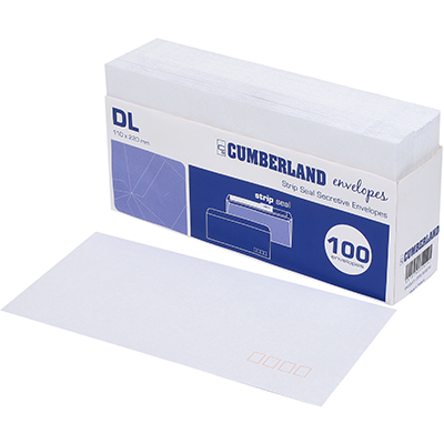 CUMBERLAND DL ENVELOPES SECRETIVE WALLET PLAINFACE STRIP SEAL POST OFFICE SQUARES 80GSM 110 X 220MM WHITE TRAY 100