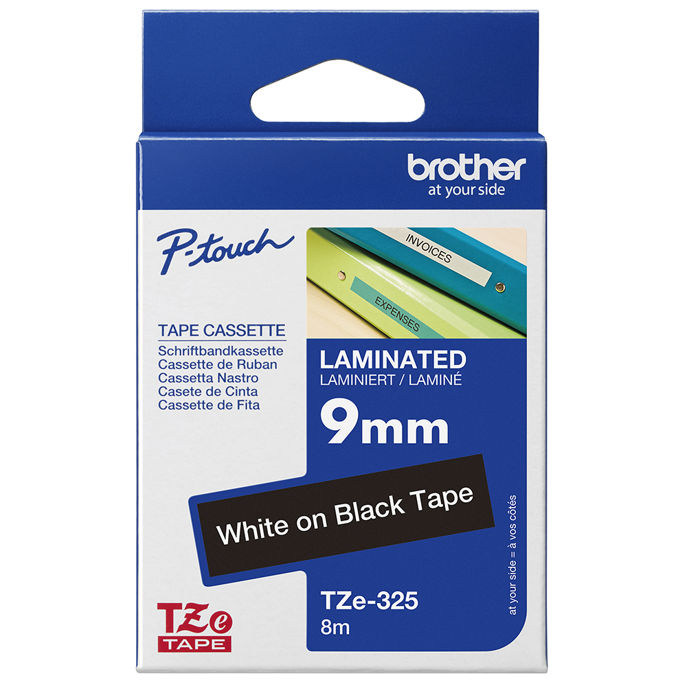 BROTHER TZE325 LAMINATED LABELLING TAPE 9MM WHITE ON BLACK