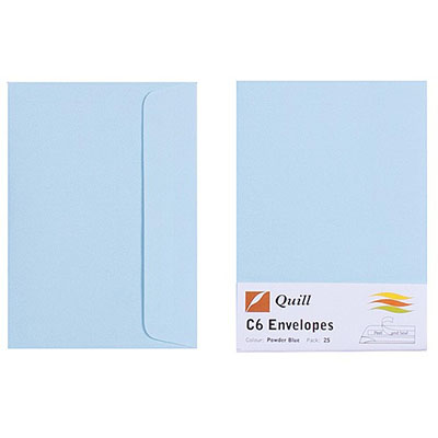 QUILL C6 COLOURED ENVELOPES PLAINFACE STRIP SEAL 80GSM 114 X 162MM POWDER BLUE PACK 25
