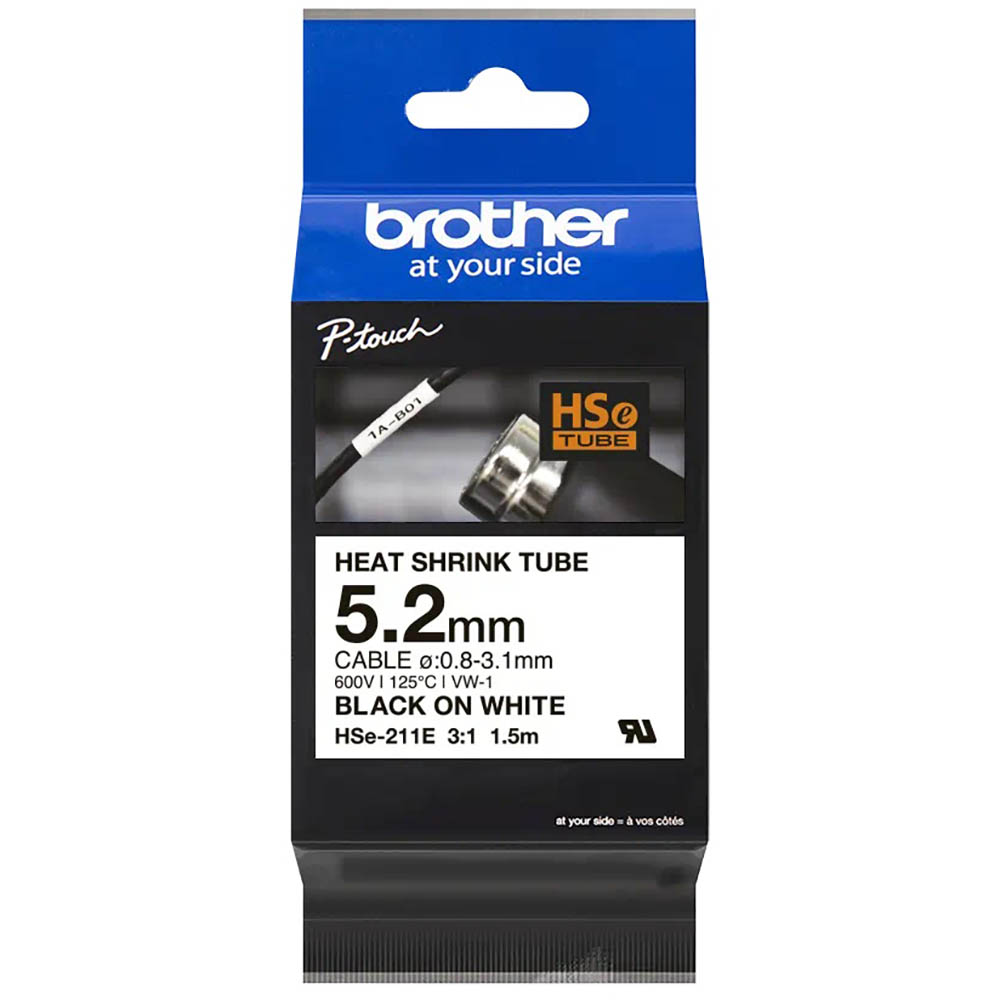 BROTHER HSE211E HEAT SHRINK TUBE LABELLING TAPE 52MM BLACK ON WHITE