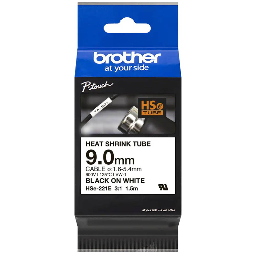 BROTHER HSE221E HEAT SHRINK TUBE LABELLING TAPE 9MM BLACK ON WHITE
