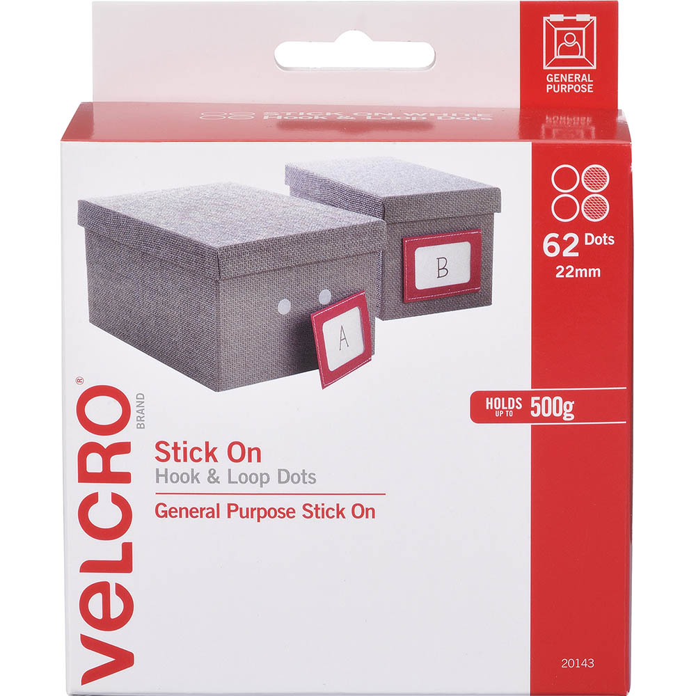 VELCRO BRAND   STICKON HOOK AND LOOP DOTS 22MM WHITE PACK 62