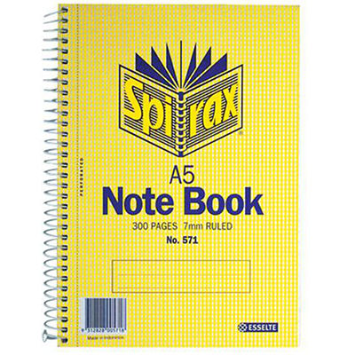 SPIRAX 571 NOTEBOOK 7MM RULED SPIRAL BOUND SIDE OPEN 300 PAGE A5