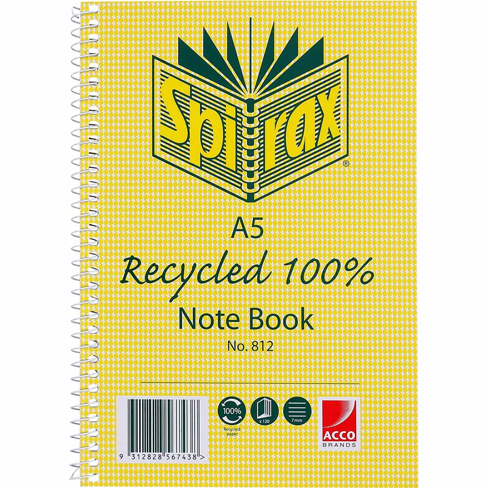 SPIRAX 812 NOTEBOOK 7MM RULED 100 RECYCLED CARDBOARD COVER SPIRAL BOUND A5 120 PAGE