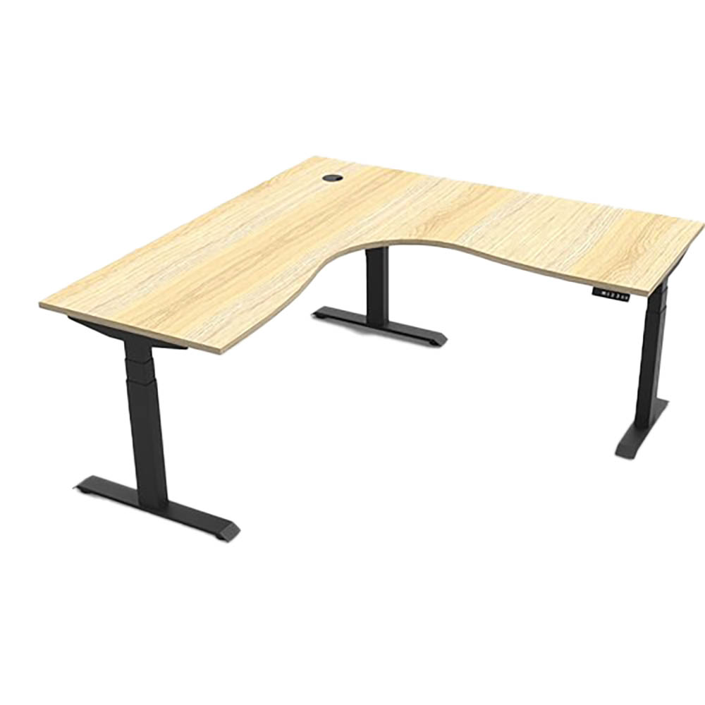 RAPIDLINE BOOST PLUS HEIGHT ADJUSTABLE CORNER WORKSTATION 1800 X 1800 X 750MM NATURAL OAK TOP  BLACK FRAME