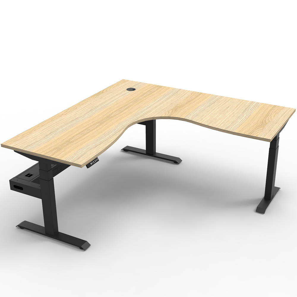 RAPIDLINE BOOST PLUS HEIGHT ADJUSTABLE CORNER WORKSTATION WITH CABLE TRAY 1800 X 1500 X 750MM NATURAL OAK TOP  BLACK FRAME