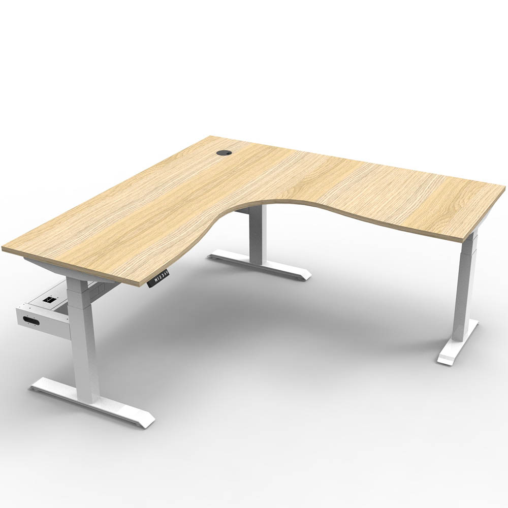 RAPIDLINE BOOST PLUS HEIGHT ADJUSTABLE CORNER WORKSTATION WITH CABLE TRAY 1800 X 1500 X 750MM NATURAL OAK TOP  WHITE FRAME
