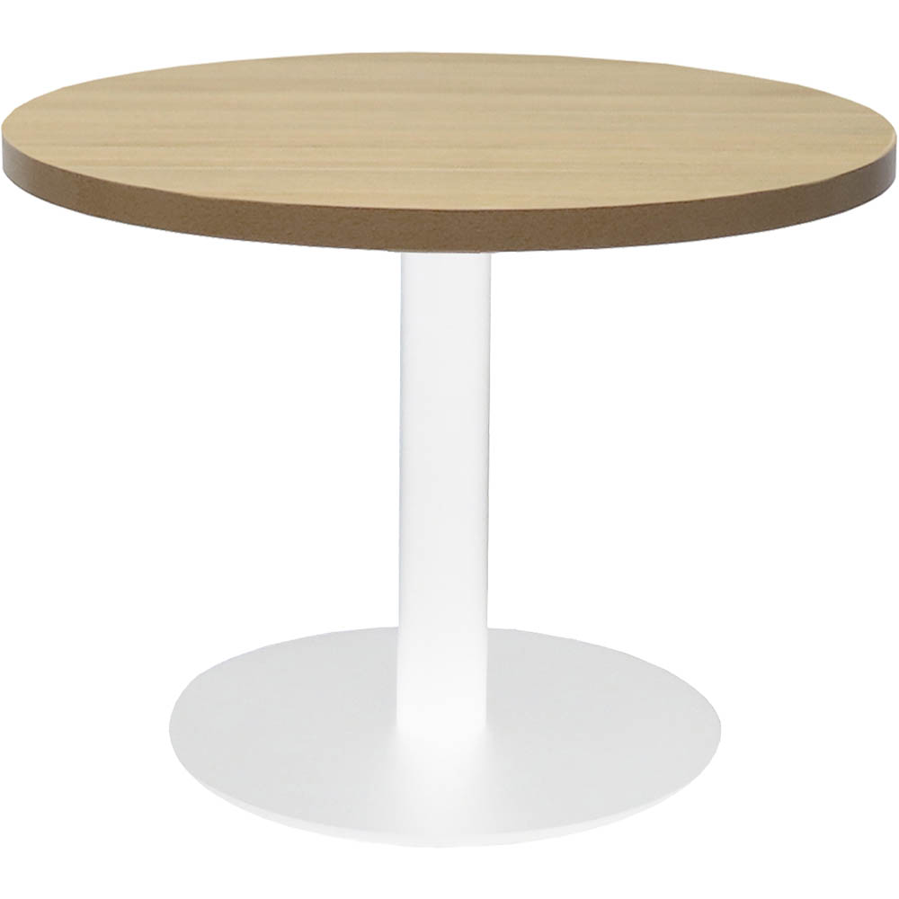 RAPIDLINE CIRCULAR COFFEE TABLE 600 X 425MM NATURAL OAK TABLE TOP  WHITE POWDER COAT BASE