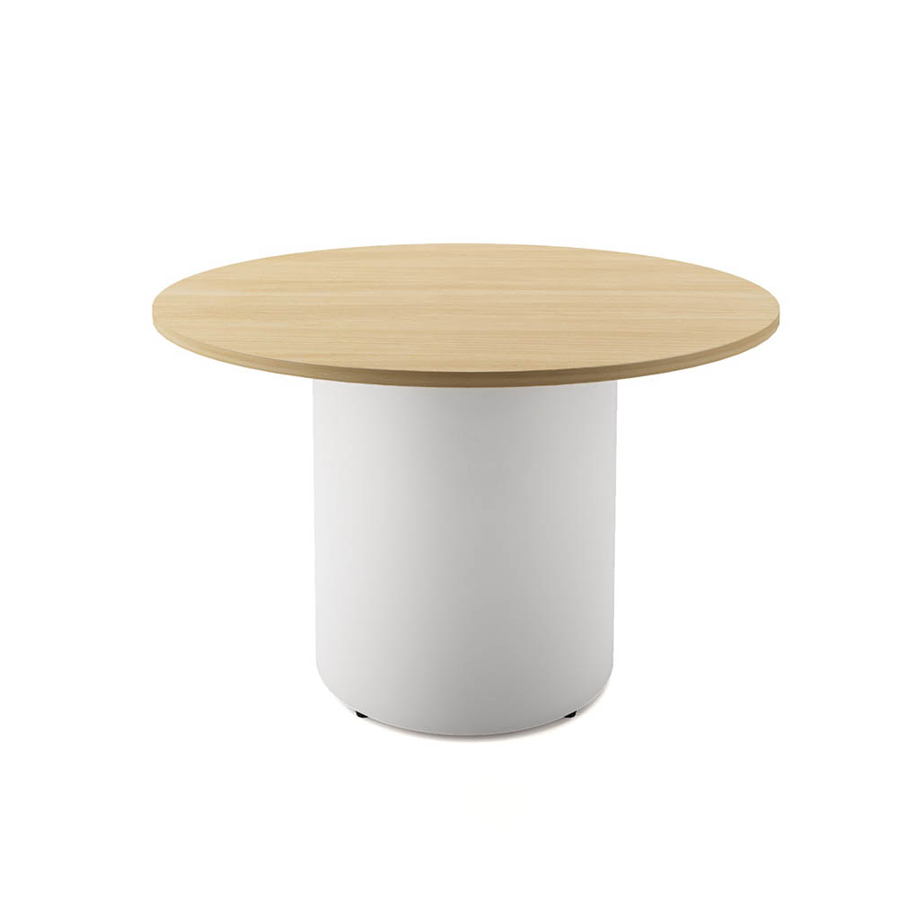 RAPIDLINE ROUND DRUM BASE TABLE 1200 X 730MM NATURAL OAK TOP AND WHITE PC FRAME