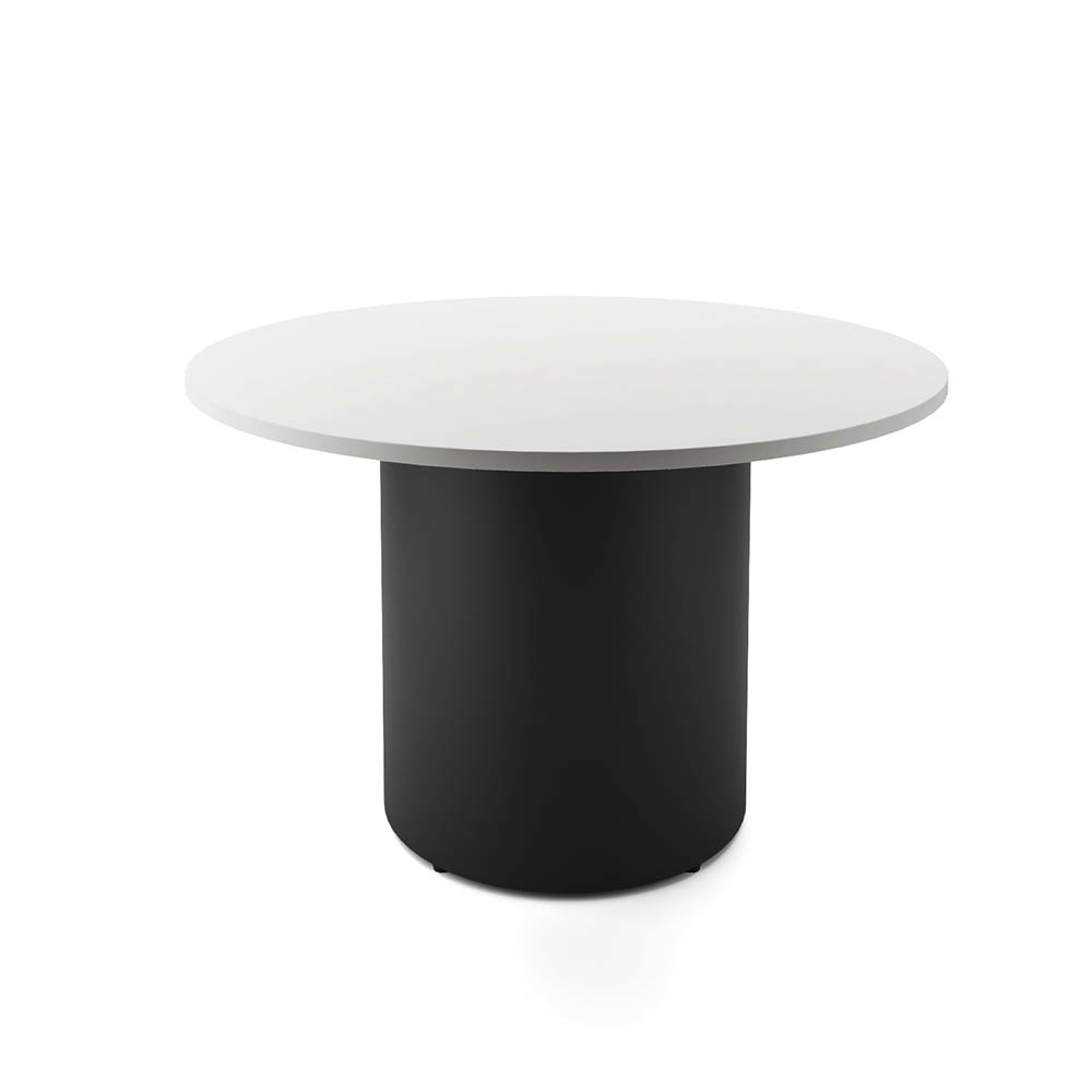 RAPIDLINE ROUND DRUM BASE TABLE 1200 X 730MM NATURAL WHITE TOP AND BLACK PC FRAME