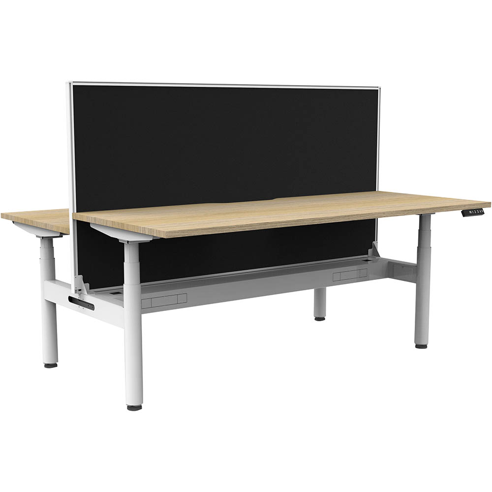 RAPIDLINE HALO PLUS DOUBLE SIDED WORKSTATION WITH SCREEN AND CABLE TRAY 1800MM NATURAL OAK TOP  WHITE FRAME  BLACK SCREEN