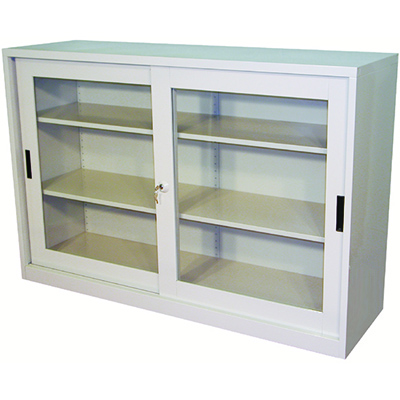 STEELCO GLASS SLIDING DOOR CUPBOARD 2 SHELF 1015 X 914 X 465MM GRAPHITE RIPPLE