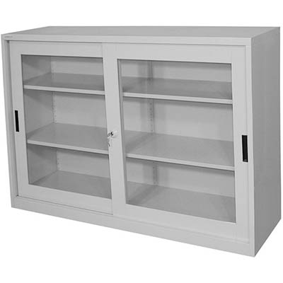 STEELCO GLASS SLIDING DOOR CUPBOARD 2 SHELF 1015 X 914 X 465MM WHITE SATIN