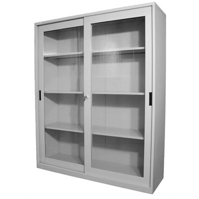 STEELCO GLASS SLIDING DOOR CUPBOARD 3 SHELVES 1830 X 1500 X 465MM SILVER GREY