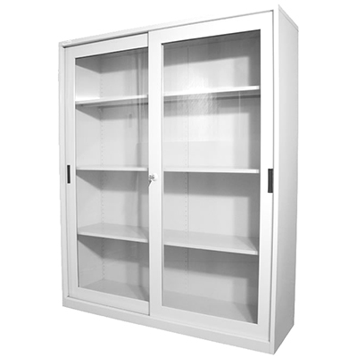 STEELCO GLASS SLIDING DOOR CUPBOARD 3 SHELVES 1830 X 1500 X 465MM WHITE SATIN