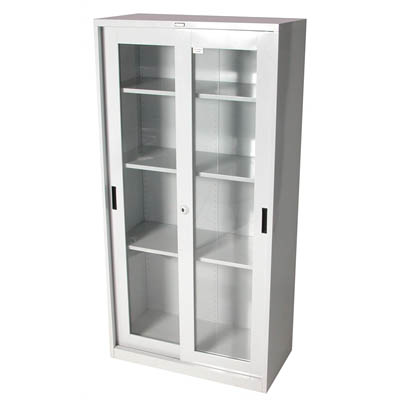 STEELCO GLASS SLIDING DOOR CUPBOARD 3 SHELVES 1830 X 914 X 465MM SILVER GREY