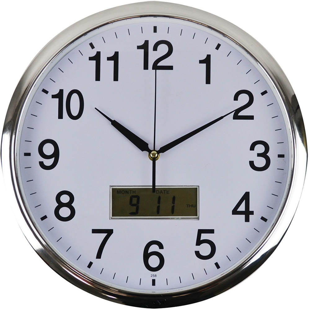 ITALPLAST WALL CLOCK WITH LCD DISPLAY 360MM WHITE  CHROME