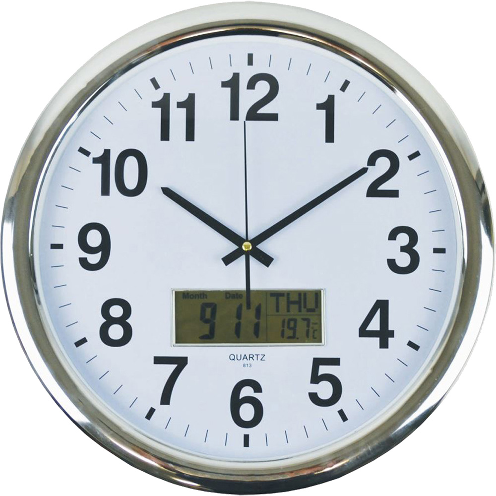 ITALPLAST WALL CLOCK WITH LCD DISPLAY 430MM WHITE  CHROME