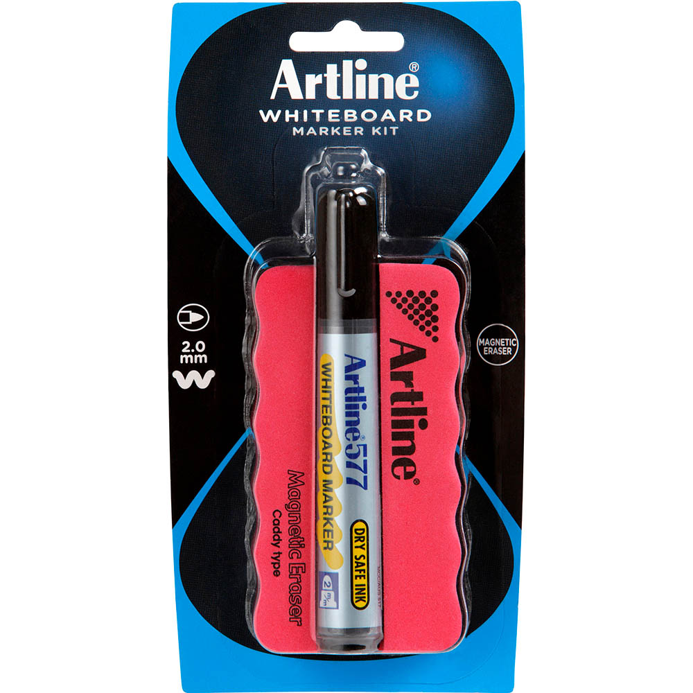ARTLINE 577 WHITEBOARD ERASER AND MARKER KIT MAGNETIC BLACK