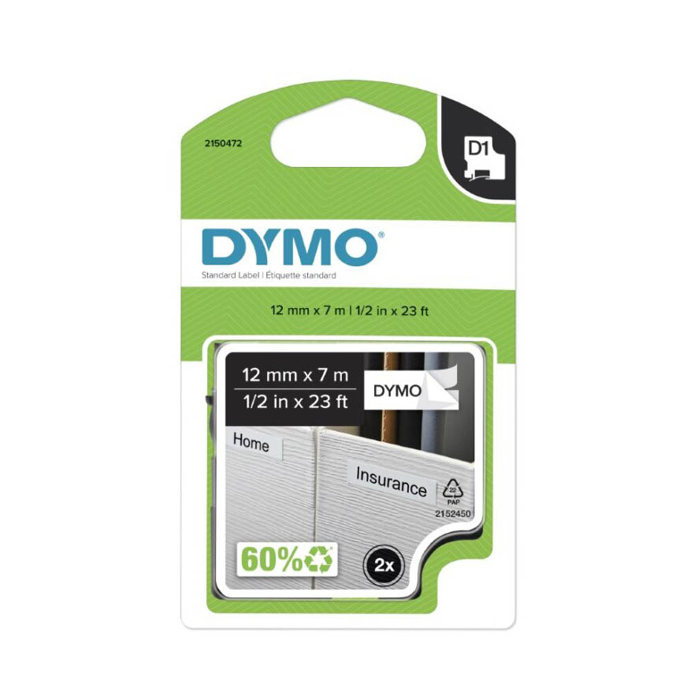 DYMO D1 LABELLING TAPE 12MM X 7M BLACK ON WHITE PACK 2