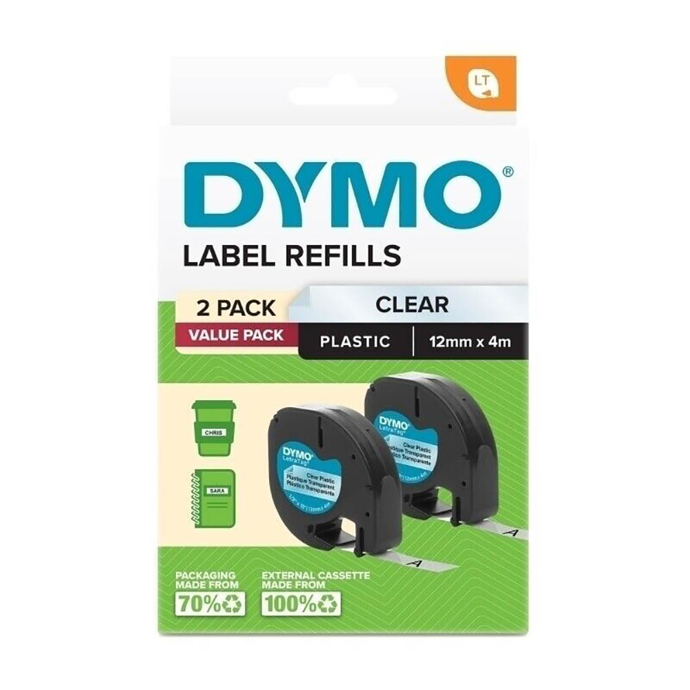 DYMO LETRATAG PLASTIC TAPE 12MM X 4M CLEAR PACK 2