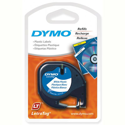 DYMO 91331 LETRATAG PLASTIC LABELLING TAPE 12MM X 4M BLACK ON PEARL WHITE