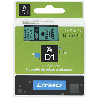 DYMO 45019 D1 LABELLING TAPE 12MM X 7M BLACK ON GREEN