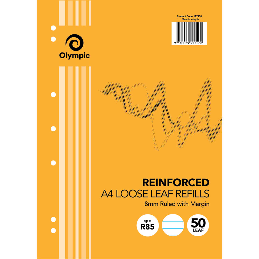 OLYMPIC R85 REINFORCED A4 LOOSE LEAF REFILL 7 HOLES 8MM RULED 50 PAGE 55GSM WHITE