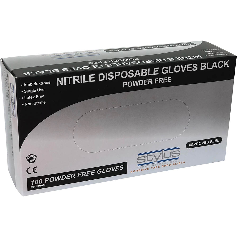 STYLUS NITRILE POWDERFREE DISPOSABLE GLOVES SMALLMEDIUM BLACK PACK 100
