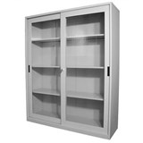 STEELCO GLASS SLIDING DOOR CUPBOARD 3 SHELVES 1830 X 1500 X 465MM SILVER GREY
